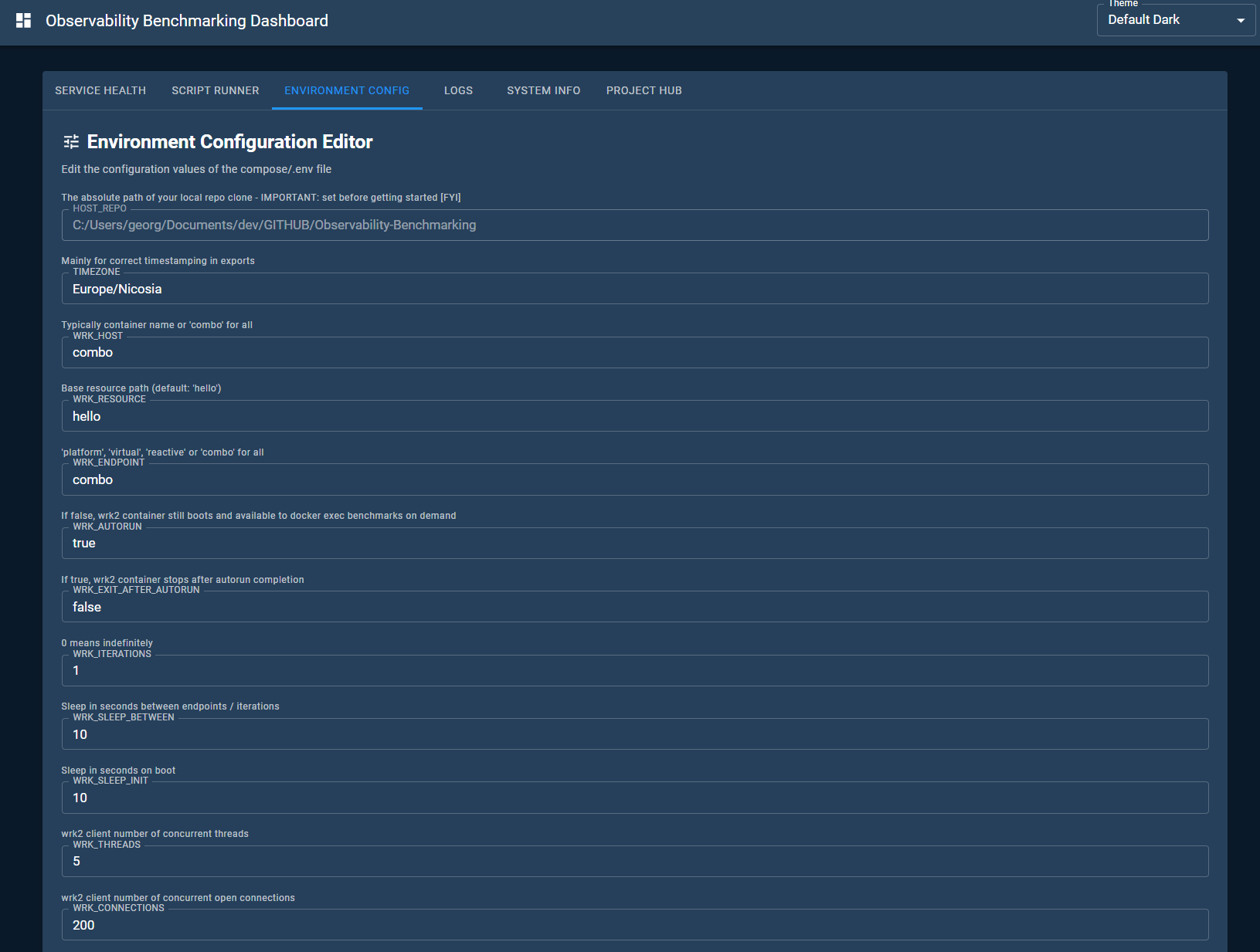 Next.js dashboard: environment configuration